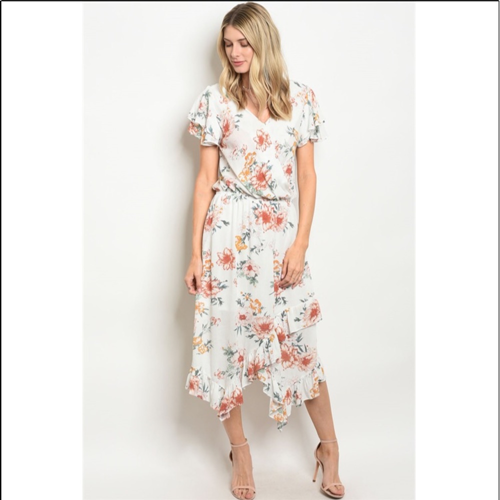 White floral V-Neck Faux Wrap Midi Dress